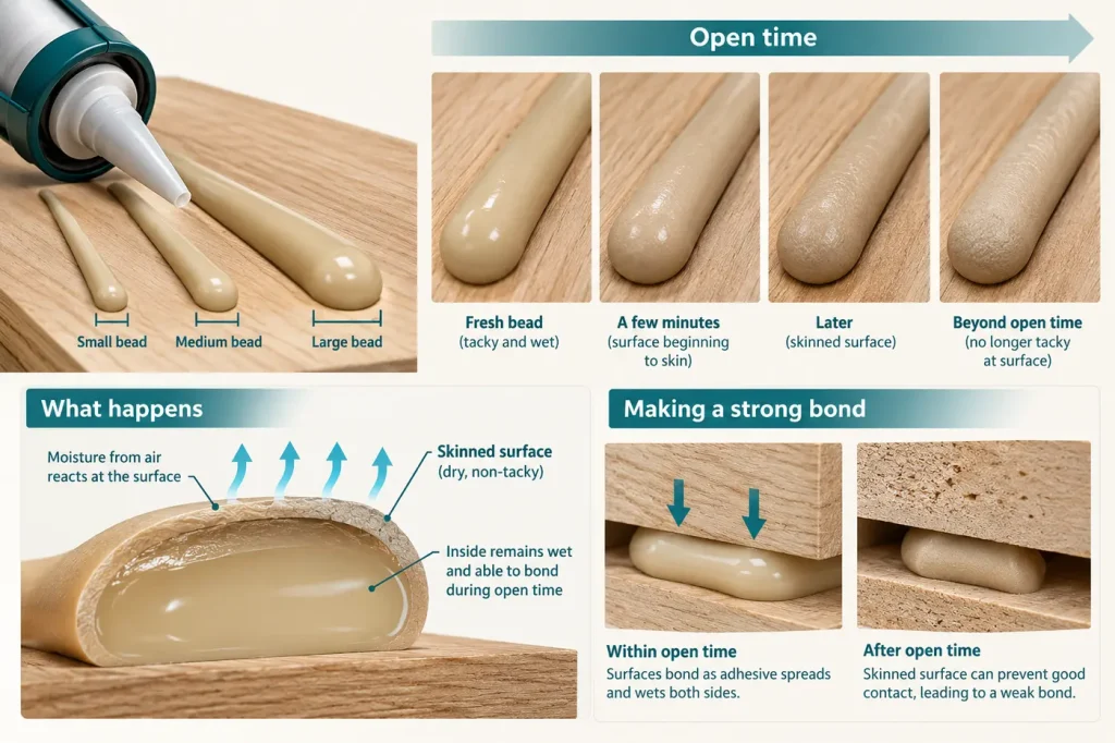 Bead size and open time illustrated by fresh construction adhesive versus skinned bead