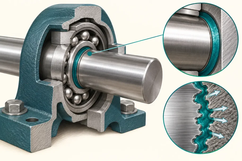 Cylindrical steel shaft and bearing cutaway showing retaining adhesive in annular gap