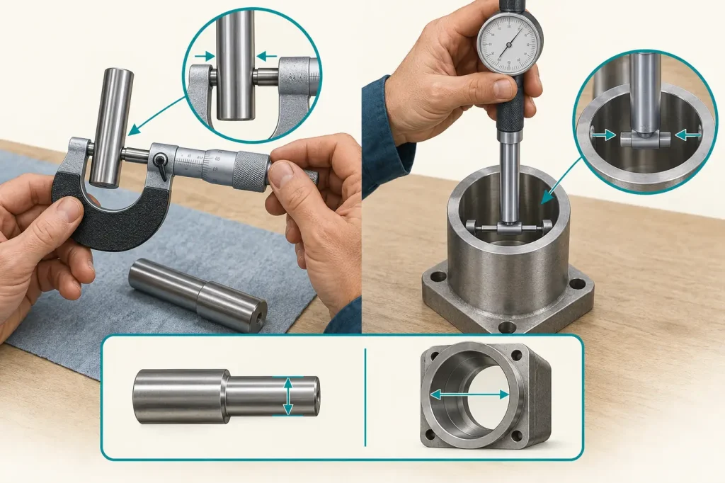 Measuring shaft and bore diameters with micrometer and bore gauge before adhesive assembly