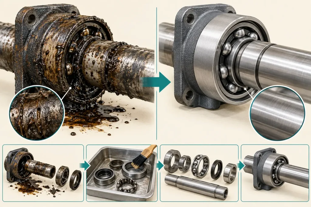 Failed oily shaft joint contrasted with clean degreased cylindrical assembly