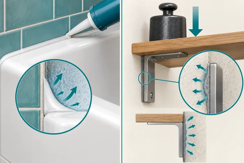 Silicone sealing a tub edge compared with adhesive carrying bonded bracket load