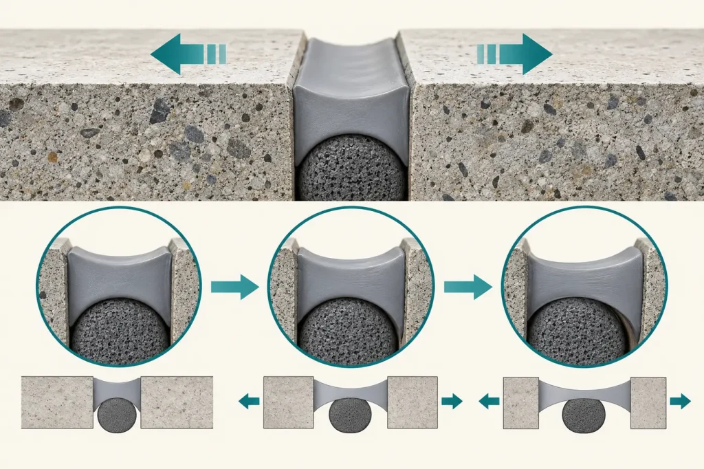 Movement joint cross section showing flexible sealant stretching without debonding