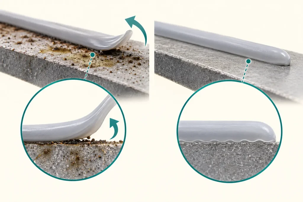 Thin bead spread on contaminated surface peeling compared with clean dry bonded bead