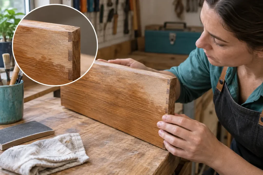 Checking the appearance of a finished-wood sample after cleaning