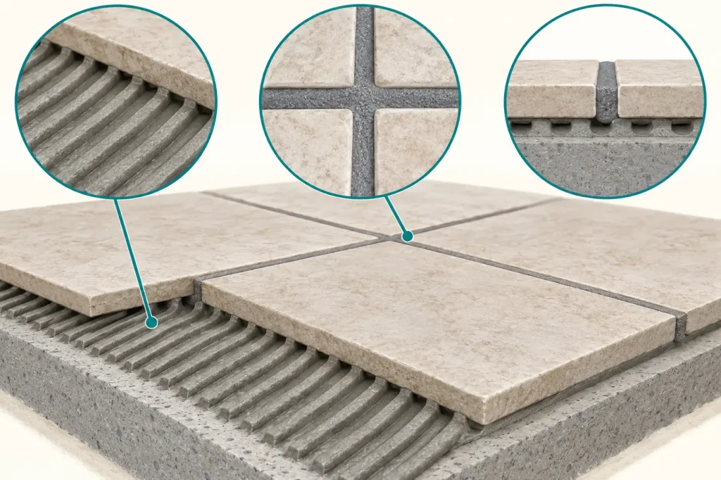 Tile assembly cutaway showing adhesive under tile and grout between tiles only