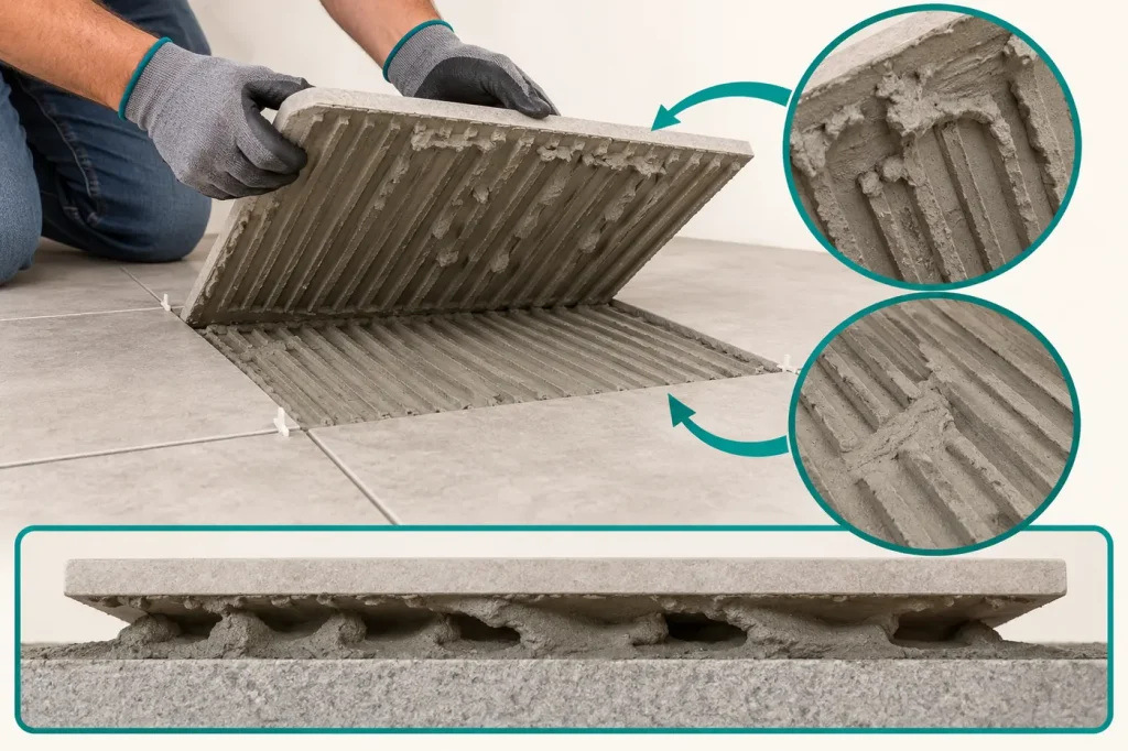 Lifting a tile to inspect continuous mortar contact and collapsed ridges