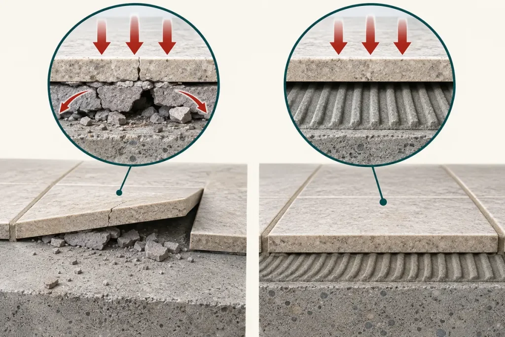 Tile bond failure with grout wrongly under tile contrasted with supported adhesive bed