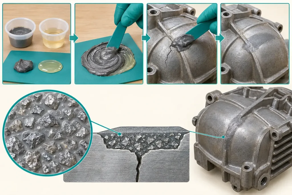Metal filled epoxy repair on noncritical metal housing with separate resin and hardener