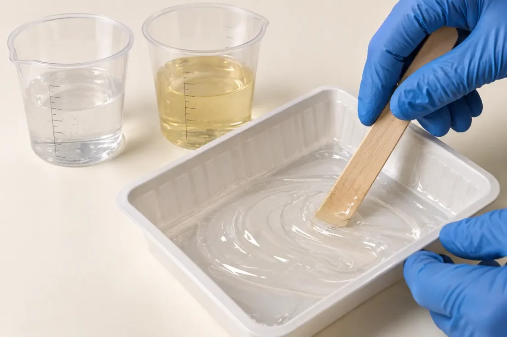 Checking precise two part epoxy mix ratio using marked mixing cups