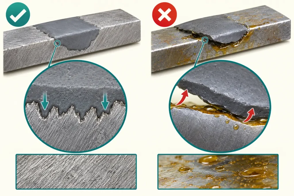Supported repair cure on clean roughed metal compared with oily failed repair
