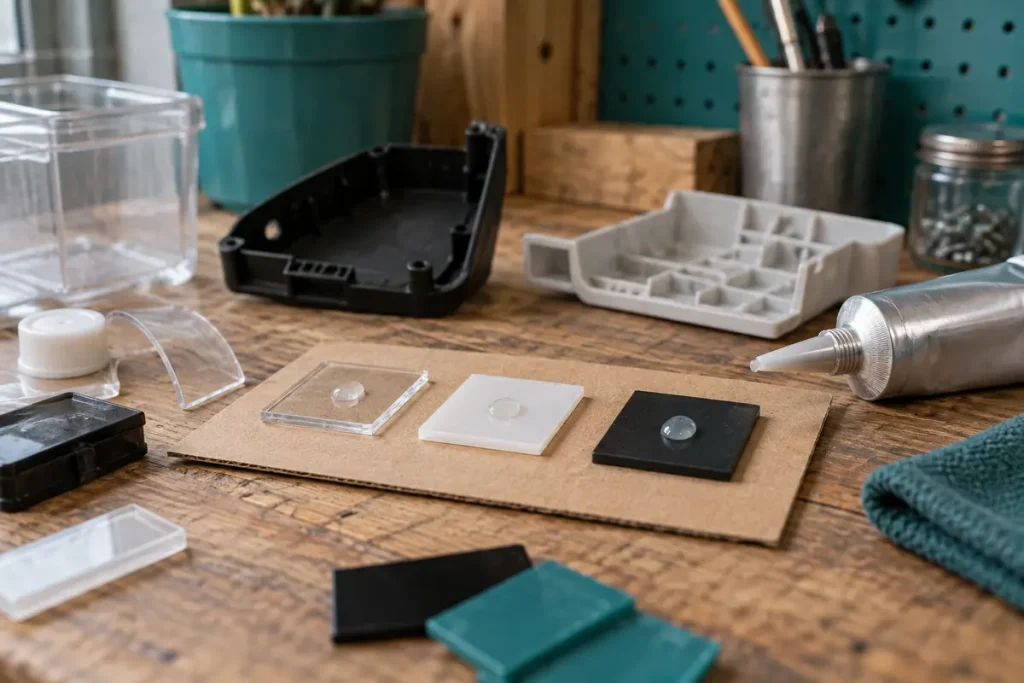 Plastic items and small adhesive-compatibility test samples