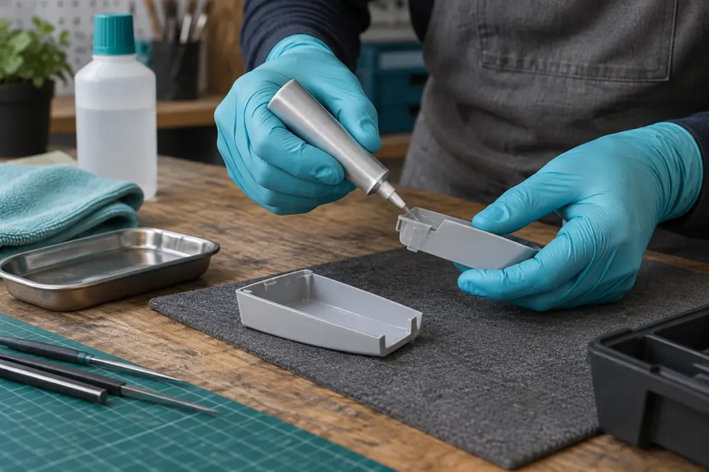 Gloved hands applying adhesive to a plastic test sample
