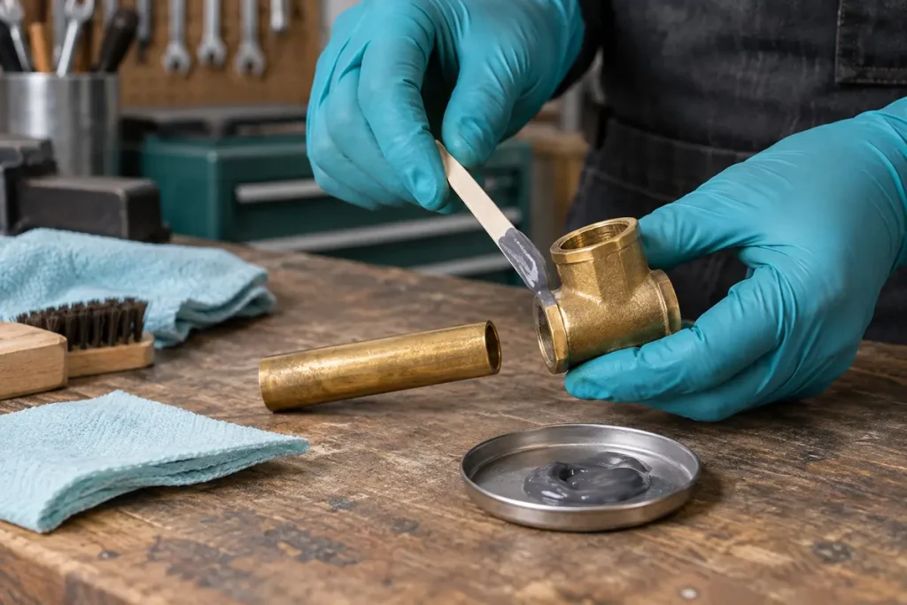 Gloved hands applying epoxy to a brass fitting sample