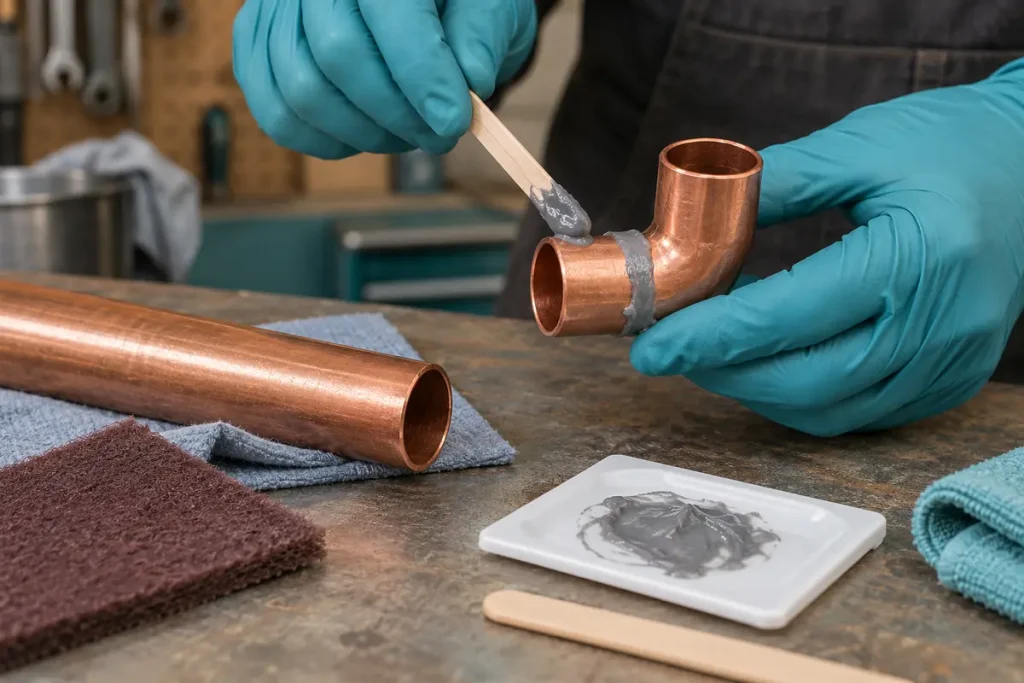 Gloved hands applying mixed epoxy to a copper sample