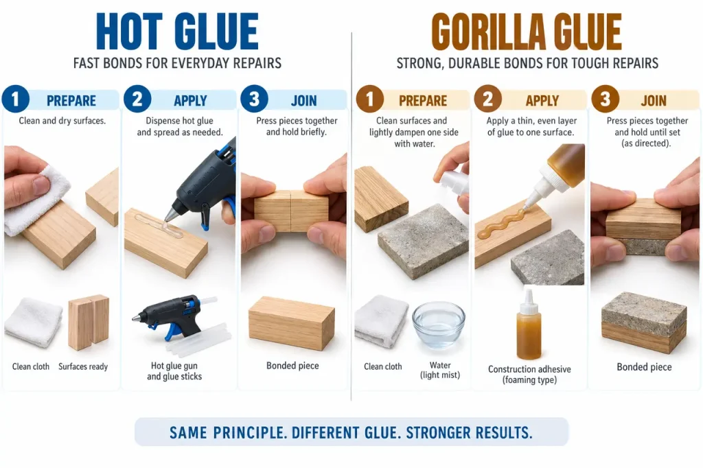 Hot glue vs gorilla glue — preparation and application