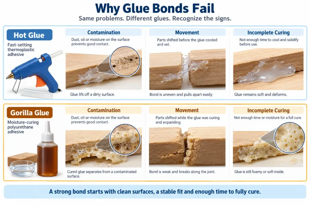 Hot glue vs gorilla glue — common failure checks