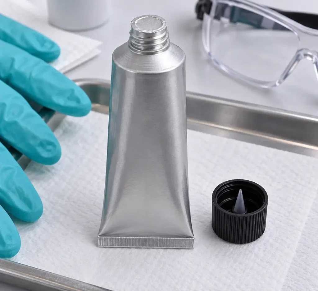 Adhesive tube foil seal and pointer cap on a protected work surface