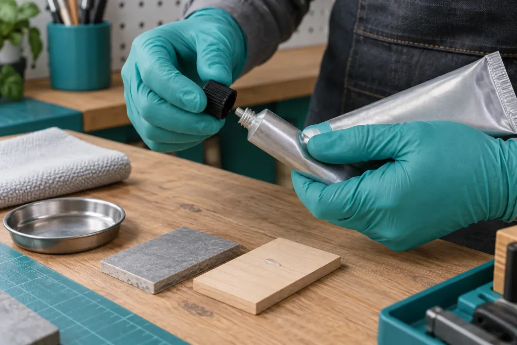 Gloved hands carefully opening an adhesive tube cap