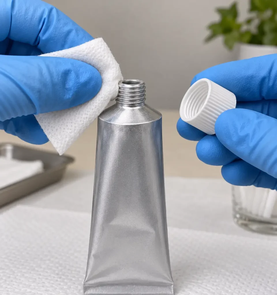 Cleaning adhesive tube threads before replacing the cap