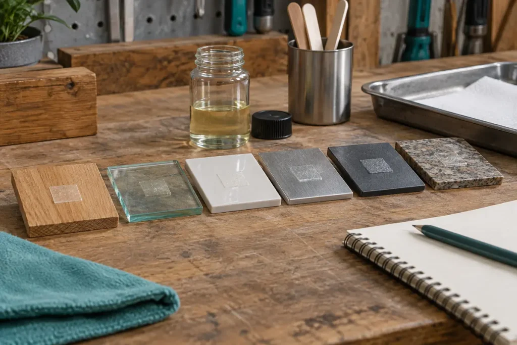 Adhesive remover and surface samples arranged for a controlled test