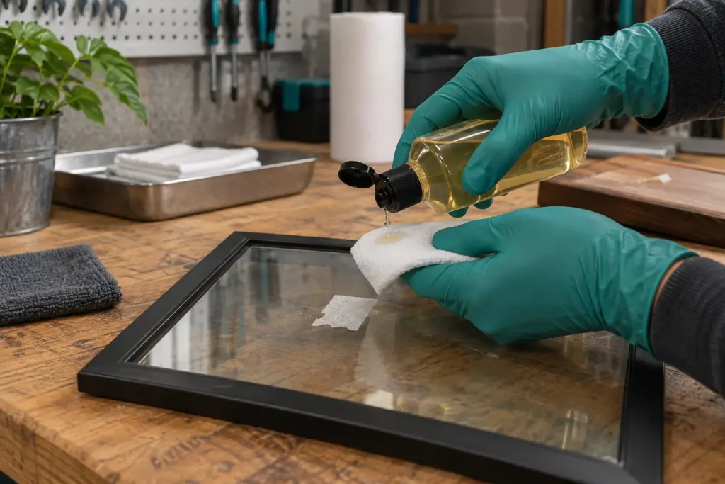 Applying adhesive remover to a cloth beside a work sample