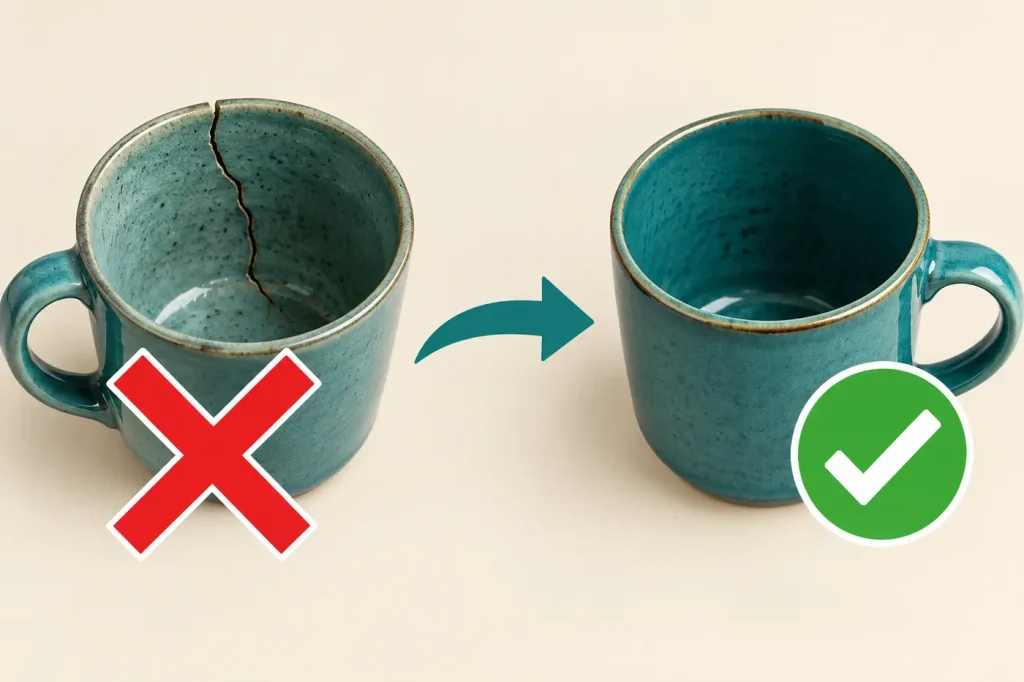 Broken kitchen mug food contact repair area marked for replacement rather than ordinary epoxy