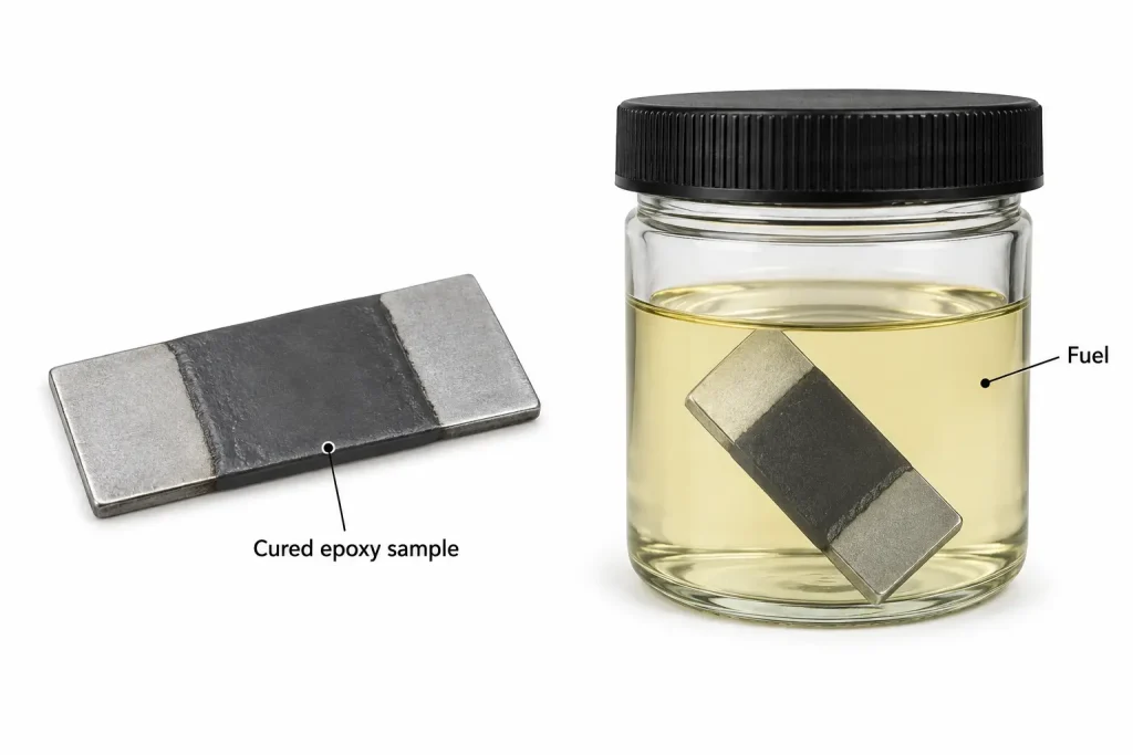 Cured metal epoxy sample with separate fuel exposure test schematic no live repair
