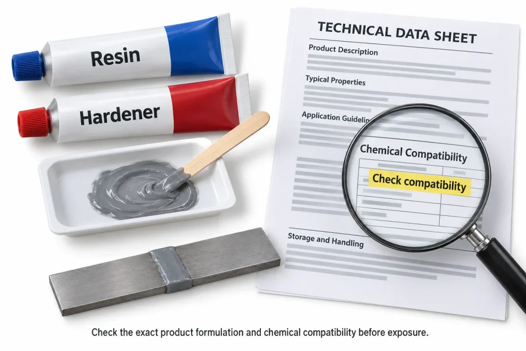 Product identity and cure checklist for chemical resistance