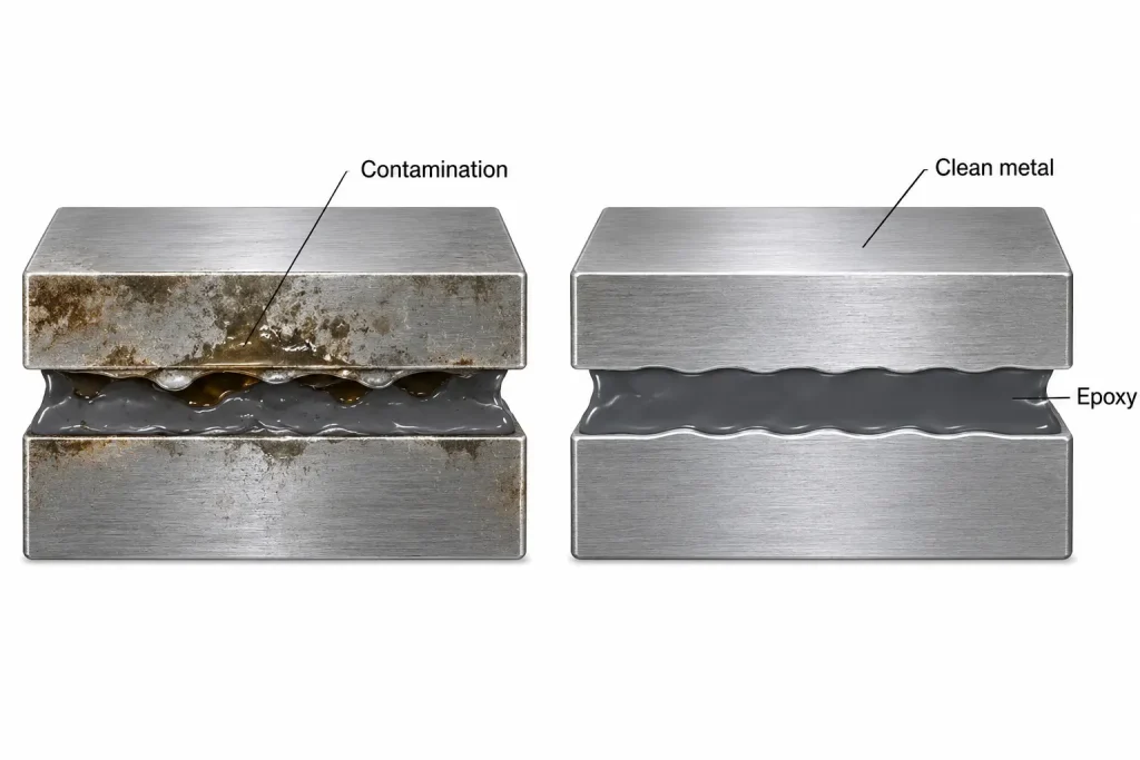 Bond interface diagram contamination versus clean metal epoxy contact