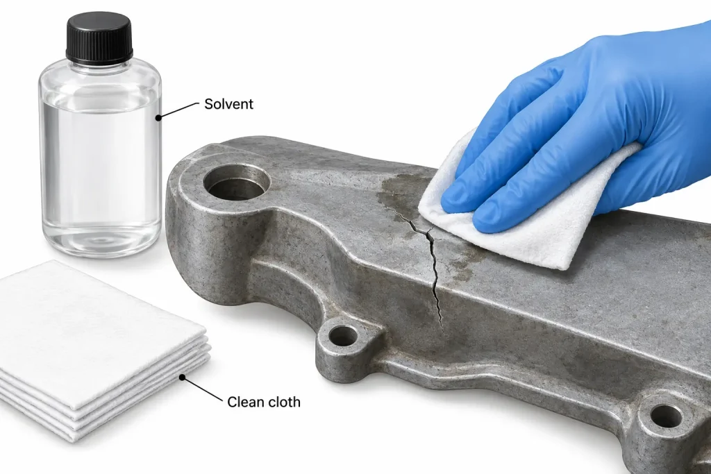 Degreasing metal crack before epoxy application