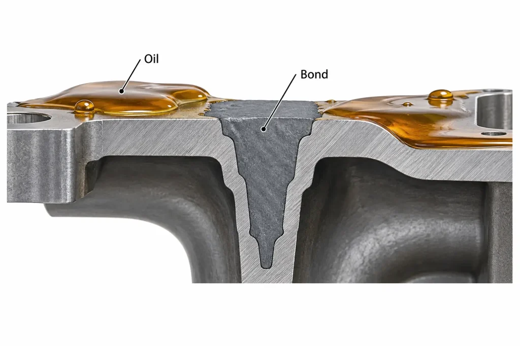 Metal repair cross section with oil kept outside clean bond interface