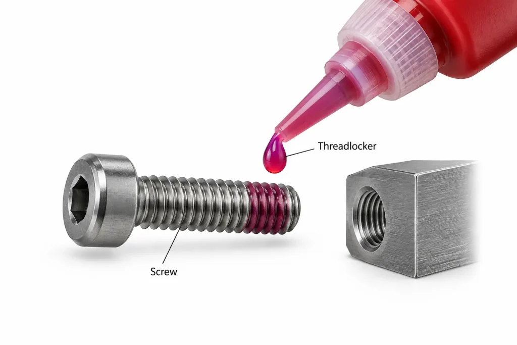 Small metal screw with controlled threadlocker drop
