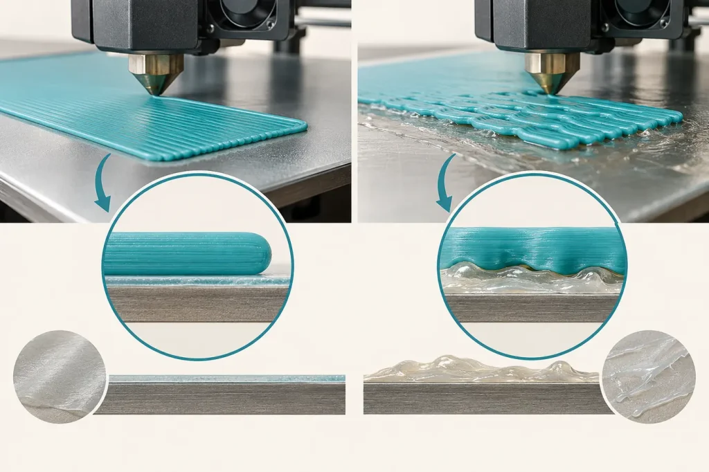 3d printer first layer on thin even bed adhesive film beside thick uneven glue layer