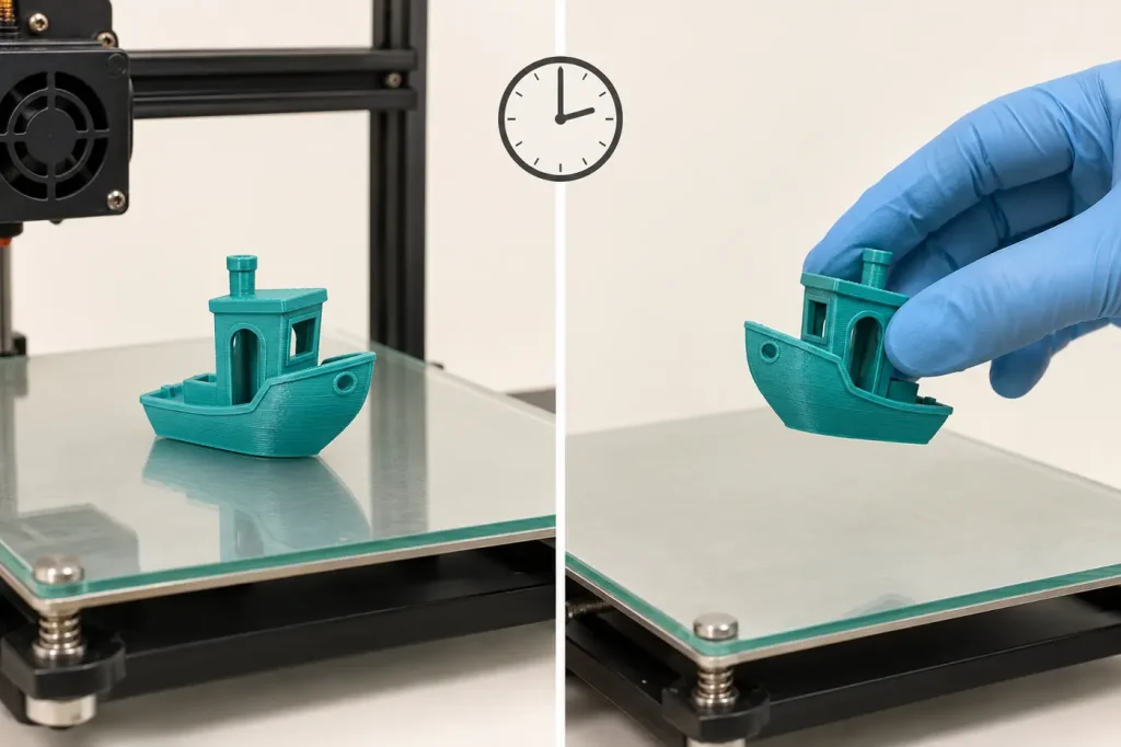 3d print left on build plate while cooling naturally without levering against glass
