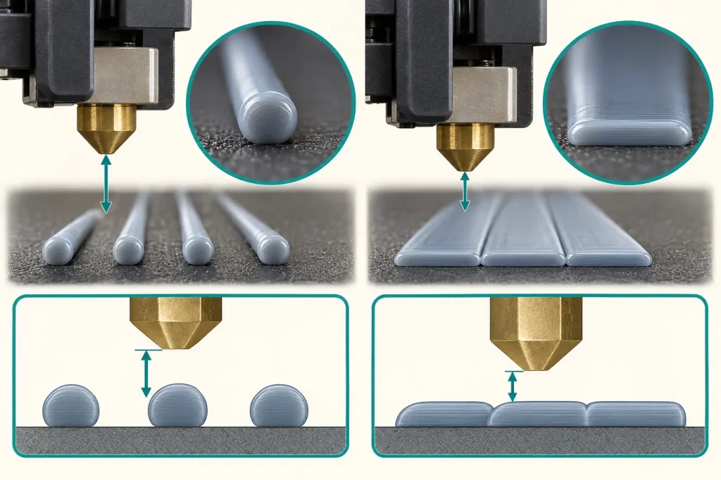 Printer nozzle too far from bed making rounded strands versus correct flattened first layer