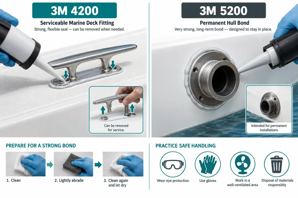 Serviceable marine deck fitting versus permanent hull bond