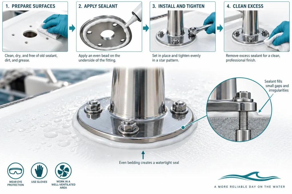 Marine sealant underneath bolted fitting with even bedding
