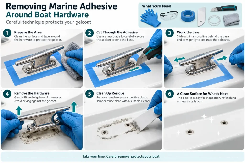 Planning removal around bonded boat hardware avoiding gelcoat damage