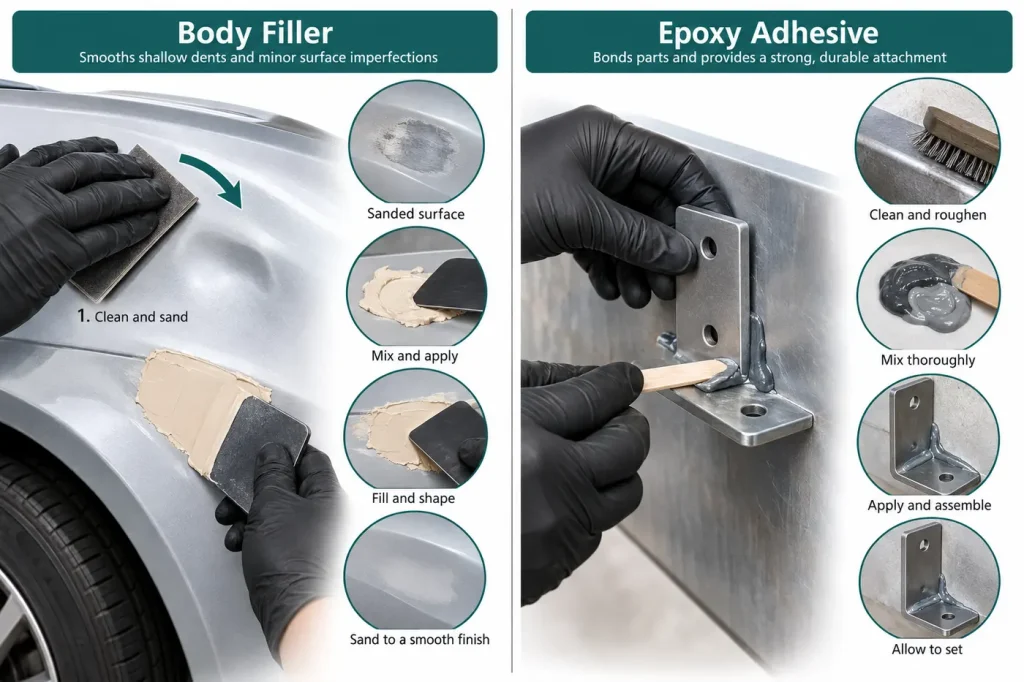 Body filler smoothing shallow dent versus epoxy bonding bracket