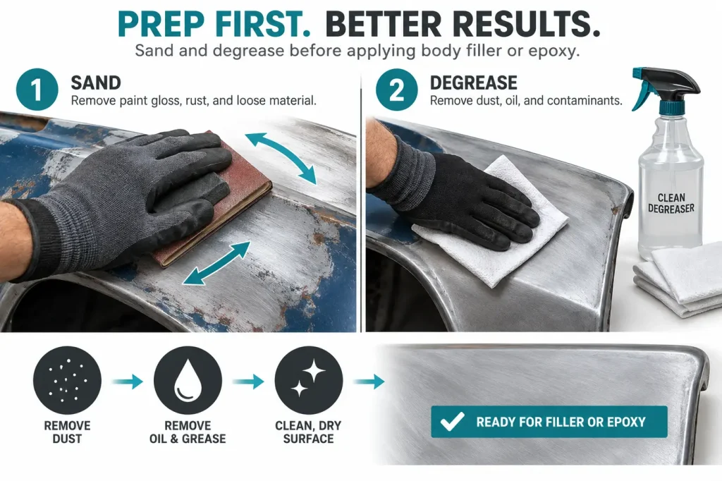 Sand and degrease before filler or epoxy application
