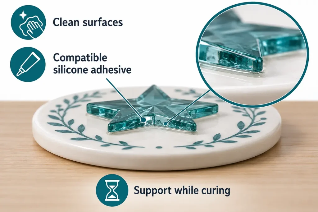 Flexible silicone adhesive holding light glass ornament