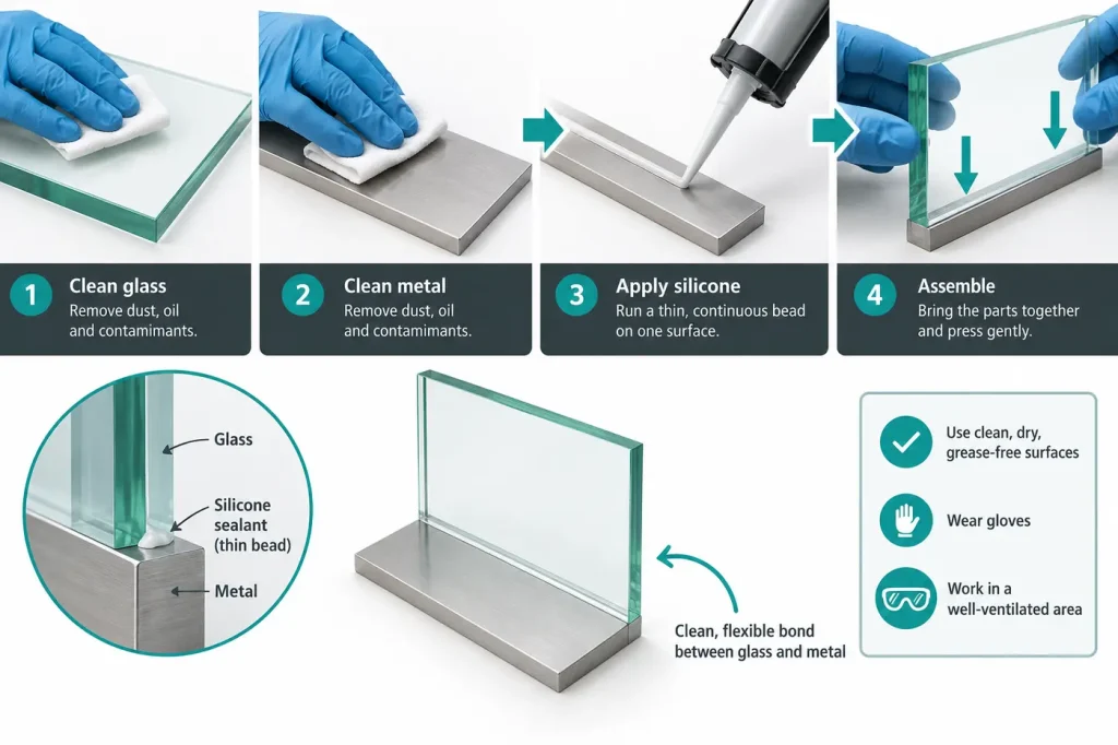 Thin silicone bead between clean glass and metal