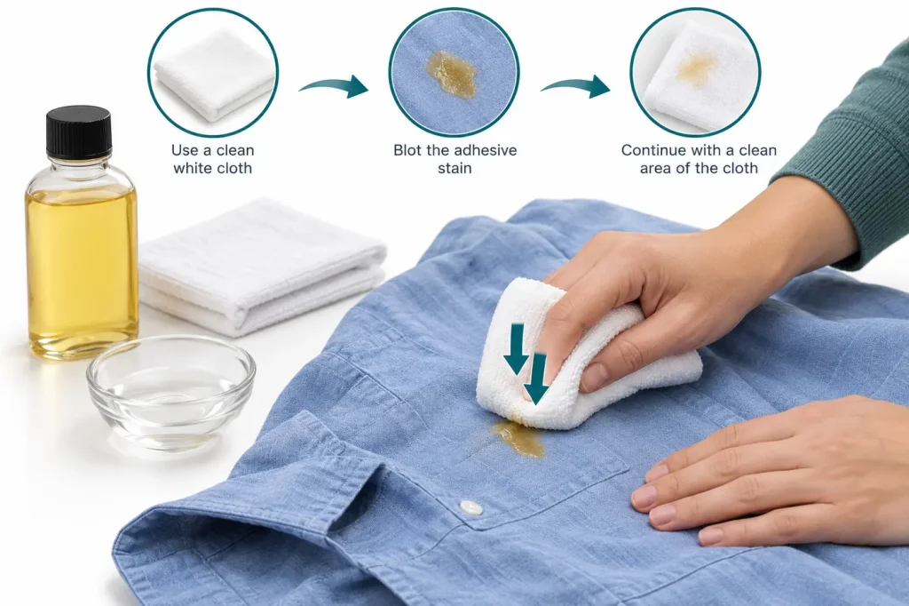 Blot adhesive stain on washable garment using clean white cloth