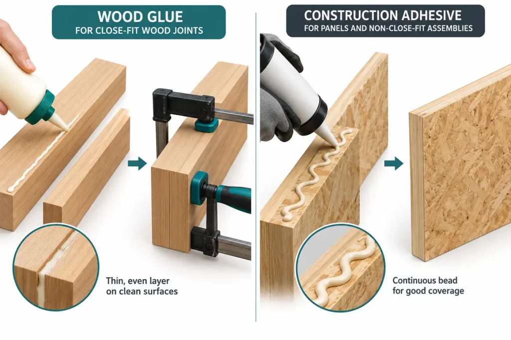 Close-fit woodworking joint clamped with wood glue versus construction panel bead