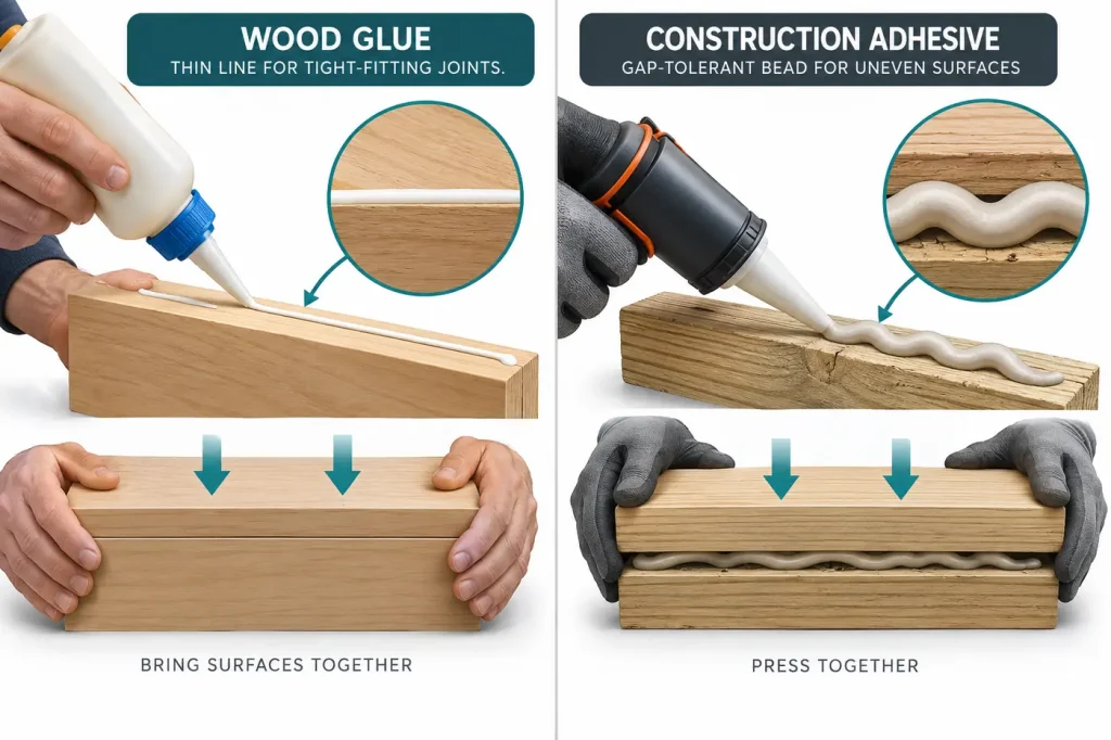 Thin wood glue line versus gap-tolerant construction adhesive bead