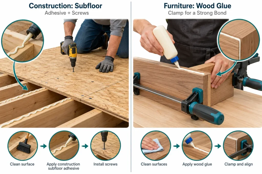 Construction subfloor adhesive with screws versus furniture glue clamp
