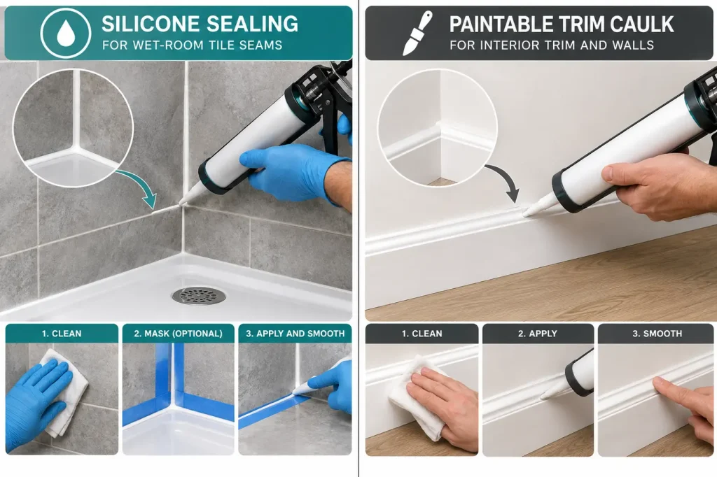 Silicone sealing wet-room tile seam versus paintable trim caulk