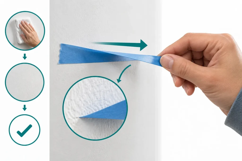 Tape being peeled slowly near-parallel to painted wall