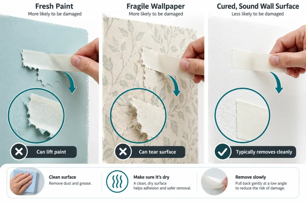 Fresh paint and fragile wallpaper versus cured sound wall surface