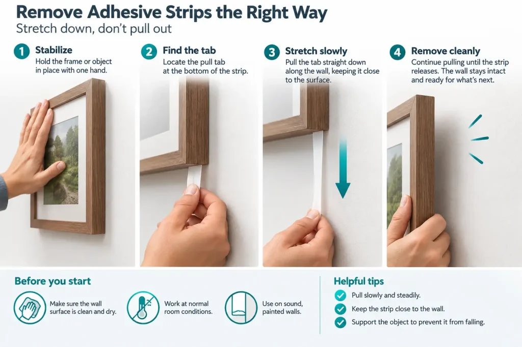 Correct stretch-release strip pulling down along wall